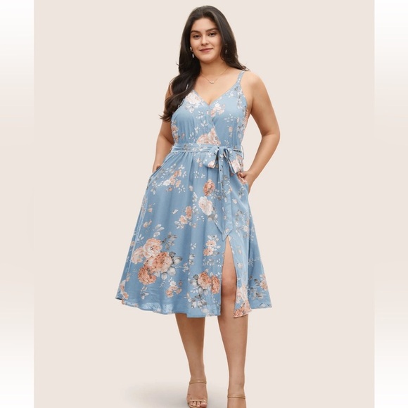 BloomChic Plus Size Floral Wrap Elastic Waist Belted Sleeveless Dress - Picture 3 of 4